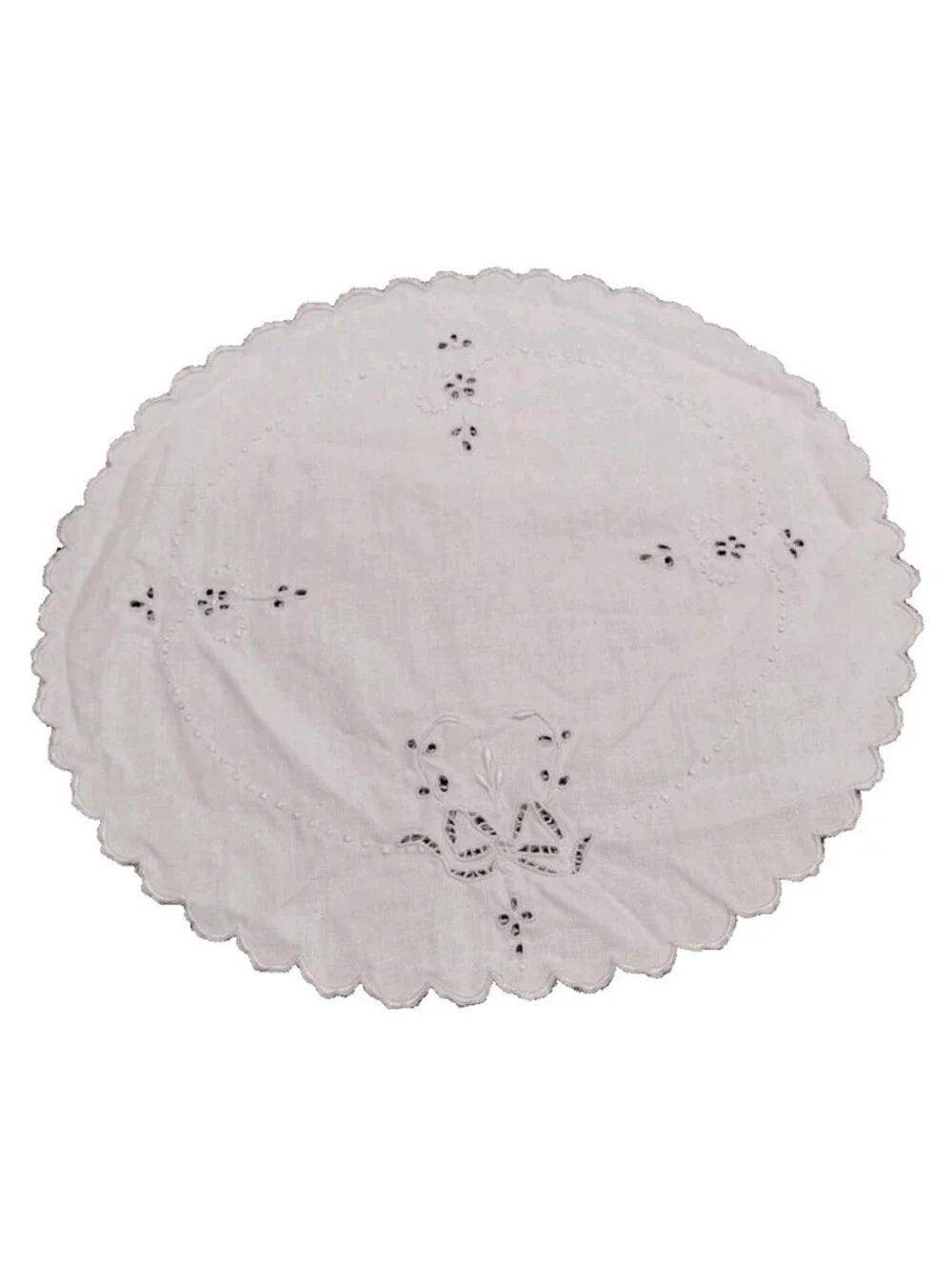 Vintage 9.5 Round Circle White Placemat Linen Bow Eyelet Fine Cotton Scalloped